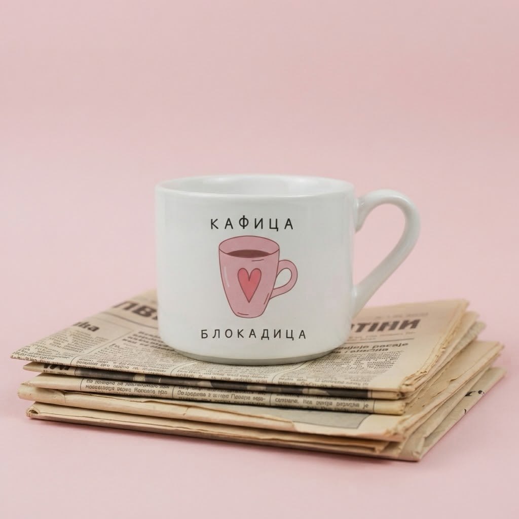 Bela šoljica sa roze šoljicom sa srcem i natpisom Kafica cigarica blokadica